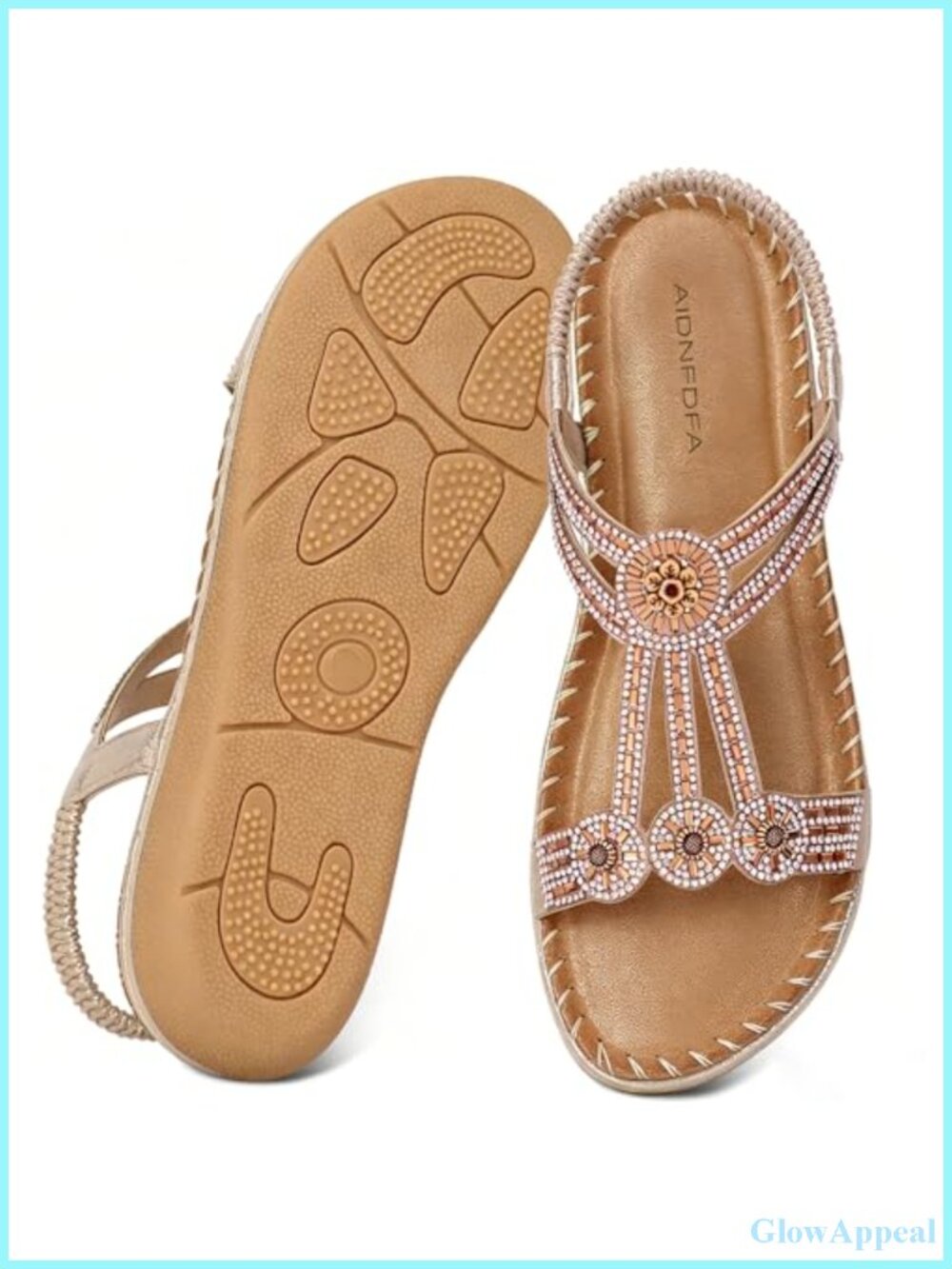 Womens Flat Sandals Vegan Leather Rhinestone Beaded Elastic Ankle Strap